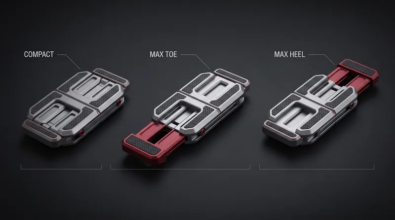 Technical render comparing compact, max toe, and max heel positions of an adjustable EUC pedal.
