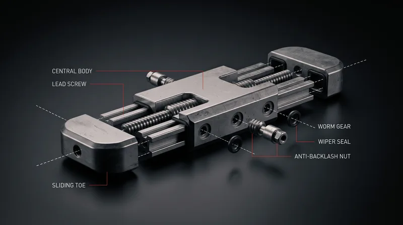 Exploded view of an adjustable EUC pedal with sliding sections, lead screws, worm gears, rails, fasteners, and end stops.