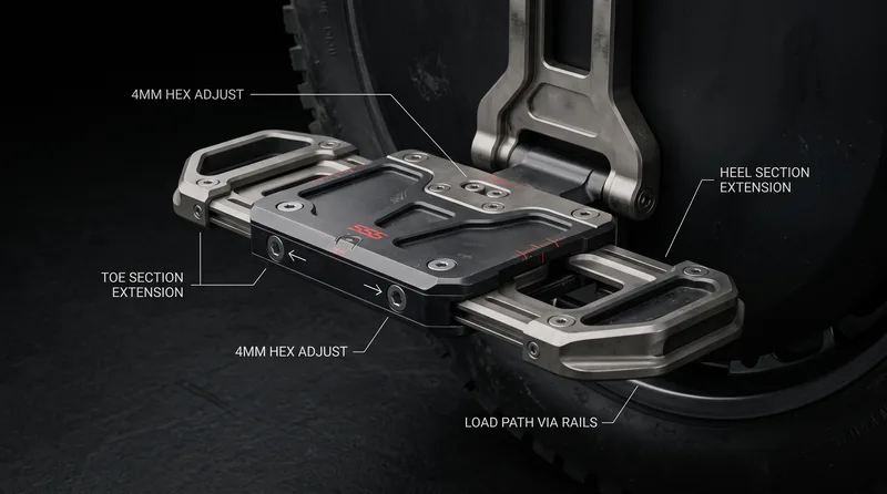 Concept render of a length-adjustable EUC pedal mounted on a wheel with toe and heel sections extended.