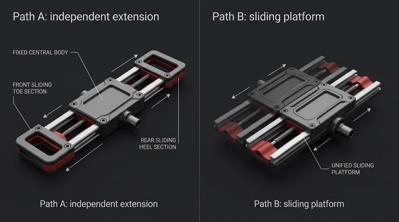 Split technical render comparing independent toe and heel extension with a fixed-length sliding EUC pedal platform.