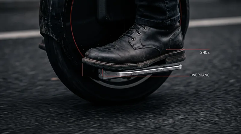Close-up of a rider boot overhanging the front edge of an electric unicycle pedal.
