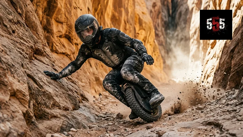 Rider on electric unicycle navigating through a desert canyon.