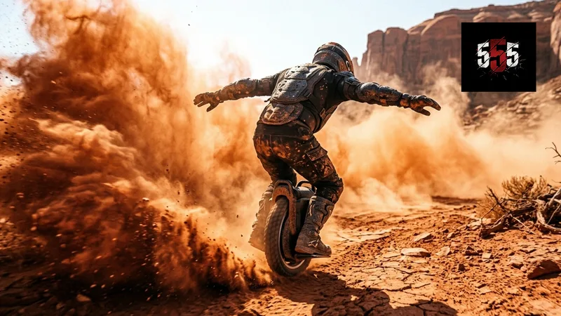 Rider on electric unicycle kicking up dust in desert.