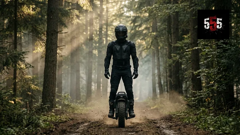 Electric unicycle rider in a forest trail with sunlight filtering through trees.