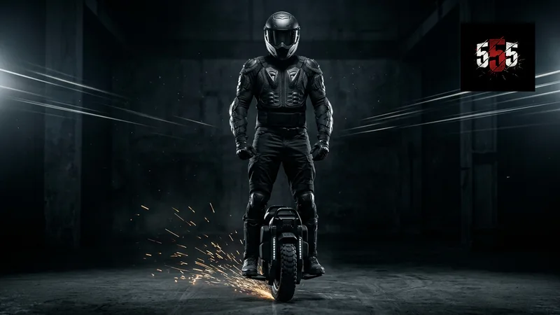 Rider on electric unicycle with sparks in a dark setting.