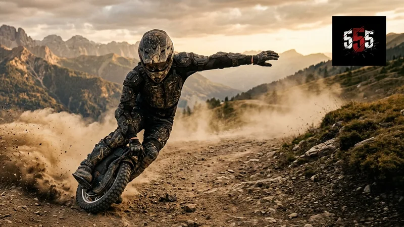 Electric unicycle rider on a mountain trail during sunset.
