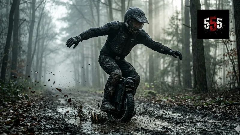 Rider on electric unicycle navigating a muddy forest trail.