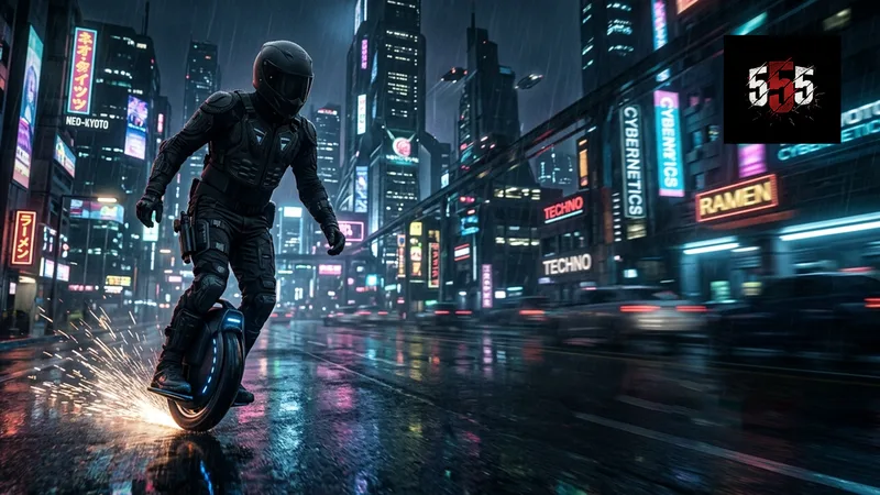 A rider on an electric unicycle in a neon-lit city at night.