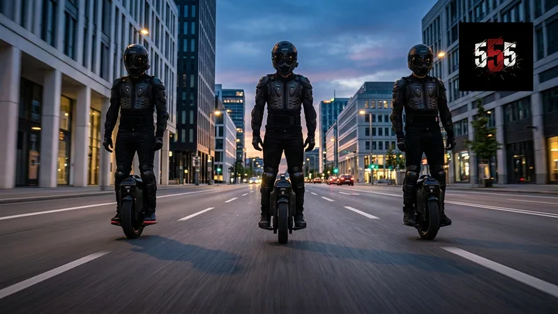 Three electric unicycle riders on a city street at dusk.